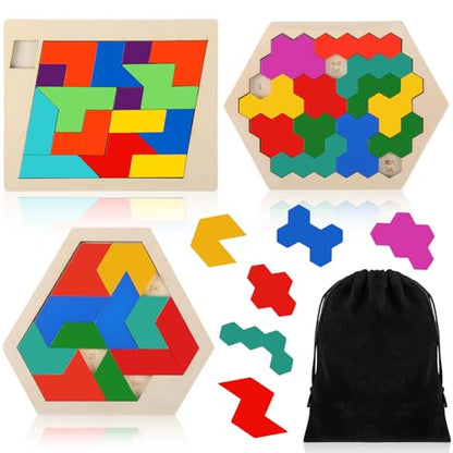 3 Pack Large Wooden Blocks Puzzles Hexagon Tangram Puzzle Wooden Russian Brain Puzzles for Adult Challenge Teasers Geometric Jigsaw Logic Iq STEM Educational Gift Graduation (3 Count)