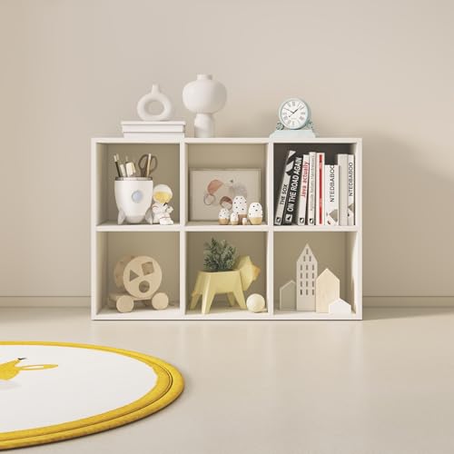Wood Cube Storage Organizer Closet Cabinet for Living Room Bedroom Study Shelf Bookcase Wooden Floor Standing Open Bookshelf for Kids Home Office Display Storage Cabinet (6 Count)
