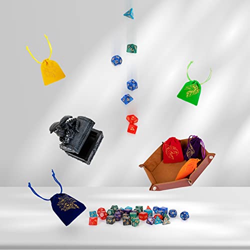 DND Dice Set 42 Pcs Polyhedral Dungeons and Dragons Rolling Dice for D&D RPG MTG Table Games Dice Bulk with Colorful Drawstring Bags and Dice Tray (49 Count)