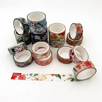 Floral Washi Tape Set 20 Rolls 15mm Wide Flower Decorative Paper Tapes for Scrapbooking (20 Count)