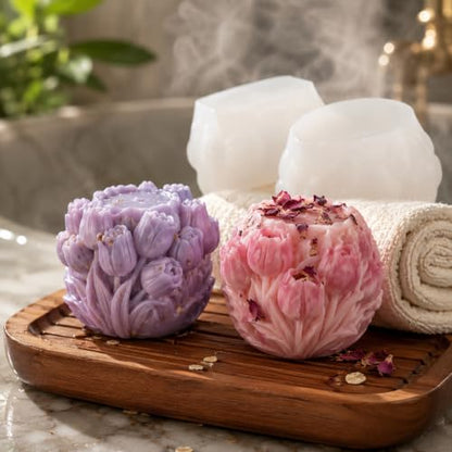 2 PCS 3D Tulip Flower Ball Silicone Candle Molds for Soap Resin Home Decor