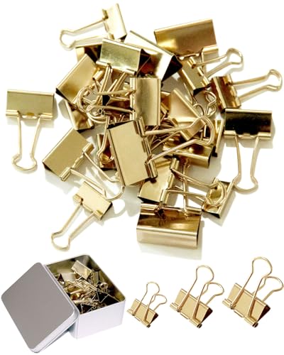 YUCHIYA 25 Pack Binder Clips with Magnetic Holder 3 Sizes Gold (25 Count)