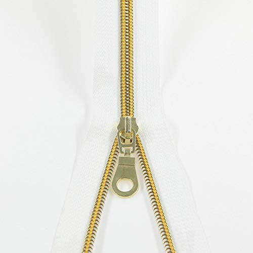 White Nylon Zipper #5 Gold Metallic Nylon Coil Teeth Zipper by The Yards Bulk 10 Yards Tape with 25pcs Gold Sliders for DIY Sewing Tailor Craft Bag