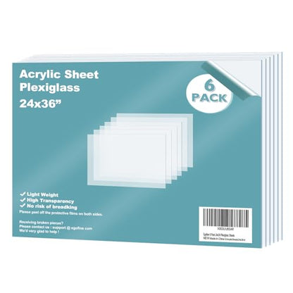 Plexiglass Sheets Acrylic Sheets 6 Pack of 24x36’’ 0.04 Thickness 1mm Clear Plastic Cast Transparent Plexi Glass for Crafting DIY Projects