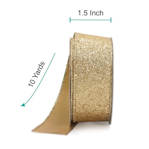 Glitter Wired Ribbon 1.5" x 10 Yards Light Gold for Christmas Home Decor Bow Gift Wrapping DIY Crafts Wreath (30 Foot)