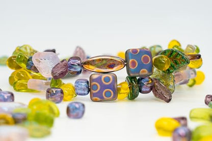 1.4oz (40g) Limited Mix of Czech Glass Beads, Hand Made Set Kit, Green Purple Yellow Drop