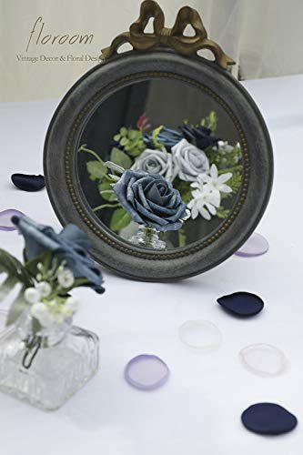 Artificial Flowers 25pcs Real Looking Dusty Blue Ombre Colors Foam Fake Roses with Stems for DIY Wedding Bouquets Bridal Shower Centerpieces Floral Arrangements Party Tables Home Decorations (25 Count)