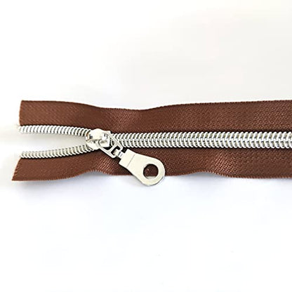 5 Metallic Silver Nylon Coil Zippers by the Yard Bulk 10 Yards Brown Zipper Tape with 25pcs Silver Sliders for DIY Sewing Tailor Craft Bag
