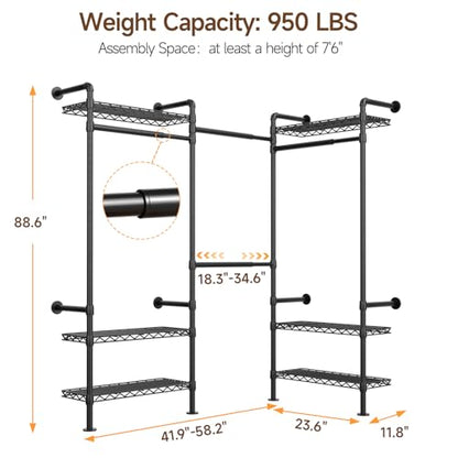 L3 Wall Mounted Metal Pipe Closet System Heavy Duty Garment Rack