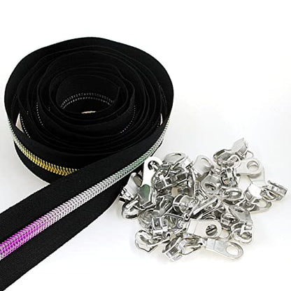 5 Metallic Nylon Coil Zippers by The Yard Rainbow Teeth Zipper Bulk 10 Yards Black Tape with 25pcs Silver Sliders for DIY Sewing Tailor Craft Bag