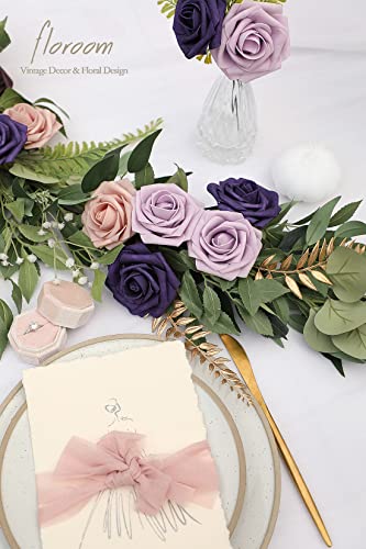 Artificial Flowers 25pcs Real Looking Lilac & Purple Foam Fake Roses with Stems for DIY Wedding Bouquets Bridal Shower Centerpieces Floral Arrangements Party Tables Home Decorations (25 Count)
