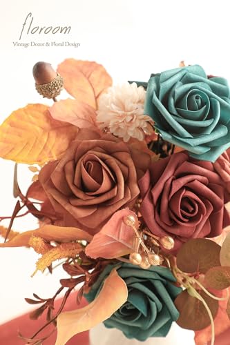 Artificial Flowers 25pcs Real Looking Teal Green Terracotta Ombre Colors Foam Fake Roses with Stems for DIY Wedding Bouquets Bridal Shower Centerpieces Floral Arrangements Tables Decoration (25 Count)