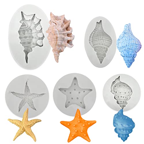 5 Pcs Seashell Starfish Silicone Mold Cake Fondant Silicone Mold Seashell Conch Baking Moldsfor DIY Cake Decoration Chocolate Candy Polymer Clay Crafting Projects (5 Count)