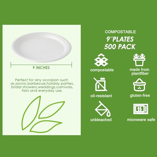 500 Pack Compostable Bagasse Paper Plates 9 inch (500 Count)