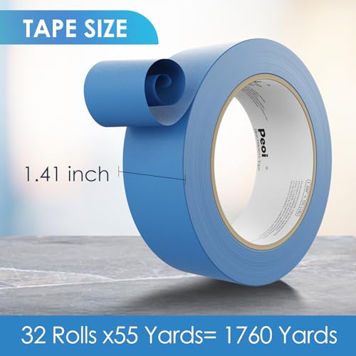 32Roll Blue Painters Tape 1.5 Inch Wide Bulk Masking Paint Tape 1.41inx55yd (5280 Foot)
