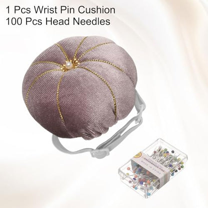 Wrist Pin Cushion Wristband Sewing Pincushion Polyester Pin Holder Wearable Pumpkin Shaped Needles Wristband with 100 Head Needles for Sewing Quilting DIY Crafts