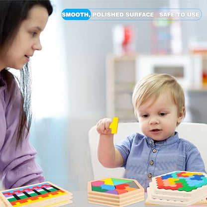 5 Pack Wooden Tangrams Puzzle Set Wooden Hexagon Puzzle Wood Russian Blocks Tangram Puzzle Brain Teaser Puzzles for Kids Adults 3D Logic Intelligence IQ Game Gift (5 Count)