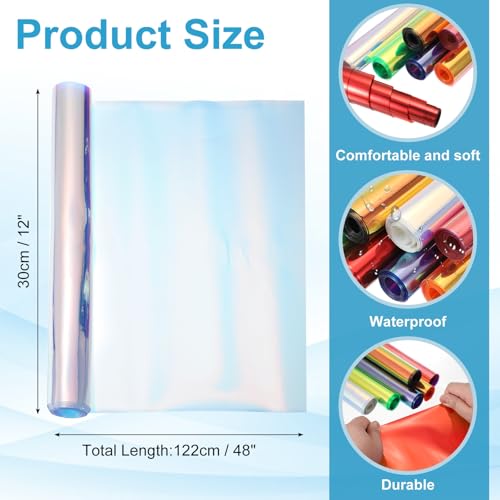 Holographic Clear PVC Vinyl Film Holographic PVC Fabric Waterproof Dichroic Film 12 x 48 Inch for Handbags Bows Earrings DIY Craft