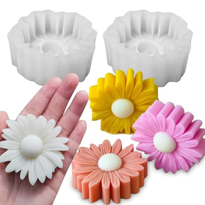 2PCS Thick Daisy Flower Candle Molds for Candle Making Daisy Flower Silicone Fondant Chocolate Cake Decor Molds 3D Floral Resin Candle Soap Polymer Clay Mold DIY Art Craft Table Home Decor (2 Count)