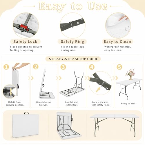 Set of 2 Folding Table 6 FT Lightweight Camping Table White Portable Plastic Rectangular Outdoor Dining Table Steel Legs Fold (2 Count)