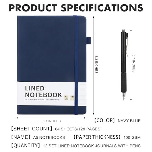 12 Set Lined Notebook Journals with Pens A5 Notebooks 100 GSM College Ruled Hardcover Notebook PU Leather Notepad with Pen Holder for Office School (60 Count)