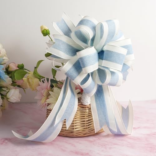 Blue and White Stripe Ribbon Wired 2.5 Inch Light Blue Burlap Ribbons with Ivory Stripe Edge Wreath Supplies (30 Foot)