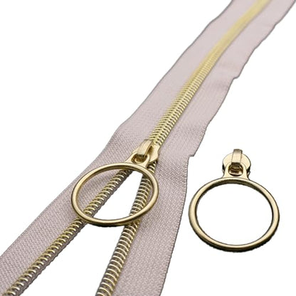 5 Gold Metallic Nylon Coil Zippers by The Yard Bulk 10 Yards Beige Zipper Tape with 25pcs Gold Ring Pull Sliders for DIY Sewing Tailor Craft Bag (25 Count)