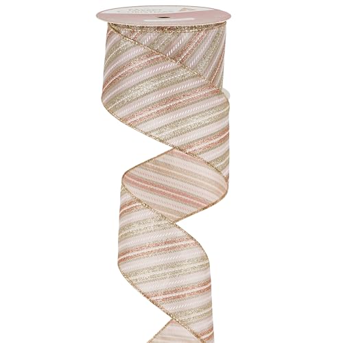Pink Diagonal Striped Ribbon 2.5 Inch Blue Satin with Rose Gold and Champagne Glitter Wired Ribbon for Christmas Tree (30 Foot)