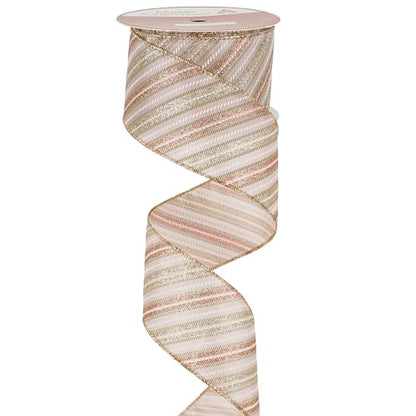 Pink Diagonal Striped Ribbon 2.5 Inch Blue Satin with Rose Gold and Champagne Glitter Wired Ribbon for Christmas Tree (30 Foot)