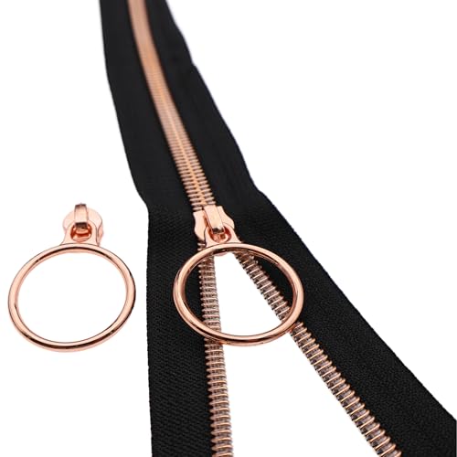 5 Rose Gold Metallic Teeth Nylon Coil Zippers by The Yard Bulk 10 Yards Black Zipper Tape with 25pcs Rose Gold Ring Pull Sliders for DIY Sewing Tailor Craft Bag (25 Count)