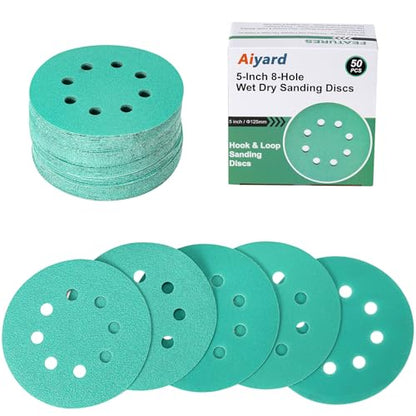 5-Inch 8-Hole Wet Dry Sanding Discs 80-320 Assorted Grits, 50-Pack (50 Count)