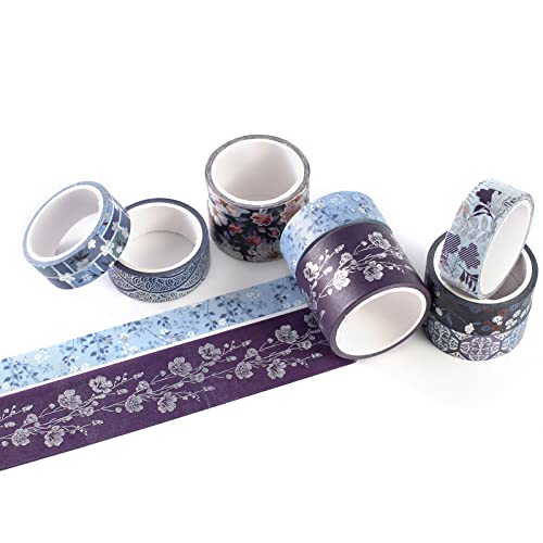 Elegance Blue Washi Tape Set 8 Rolls Wide Silver Embellishment Decorative Masking Tapes for Arts (8 Count)