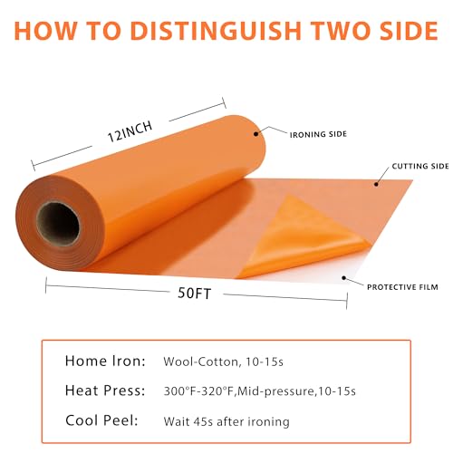RENLITONG Orange Iron on Vinyl 12Inch by 50ft Roll Heat Transfer Vinyl for T