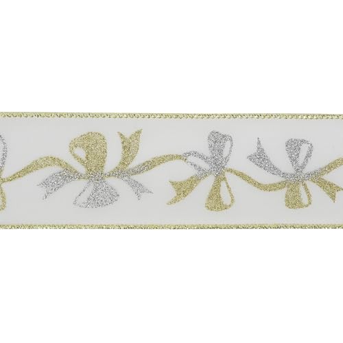 Gold and Silver Christmas Ribbon 2.5 Inch White Satin Ribbons with Gold and Silver Glittery Bows Pattern 10 Yards Christmas Wired Ribbon for Tree (30 Foot)