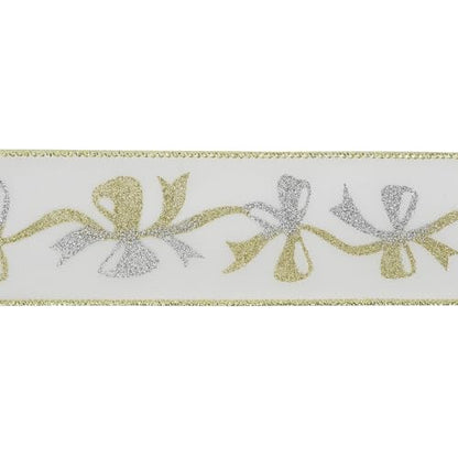 Gold and Silver Christmas Ribbon 2.5 Inch White Satin Ribbons with Gold and Silver Glittery Bows Pattern 10 Yards Christmas Wired Ribbon for Tree (30 Foot)