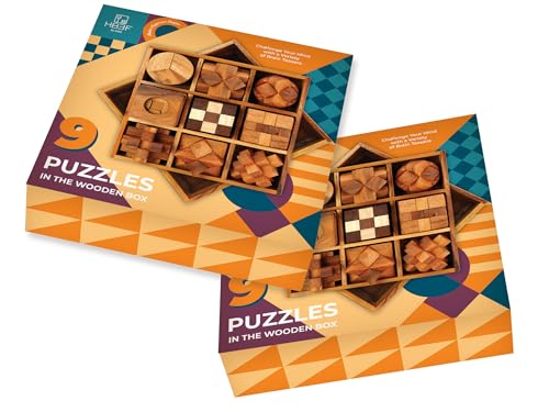 9 in 1 Wooden Brain Teaser Puzzles for Adults Teens Box Set Wood Hard Level 10 Impossible Mind Wood Brain Teaser Games 3D Hand Puzzle Sets for Decoration and Mini Toys (9 Count)