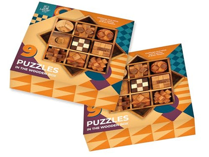 9 in 1 Wooden Brain Teaser Puzzles for Adults Teens Box Set Wood Hard Level 10 Impossible Mind Wood Brain Teaser Games 3D Hand Puzzle Sets for Decoration and Mini Toys (9 Count)