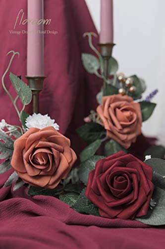 Artificial Flowers 50pcs Real Looking Burgundy Foam Fake Roses with Stems for DIY Wedding Bouquets Red Bridal Shower Centerpieces Floral Arrangements Party Tables Home Decorations (50 Count)