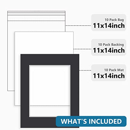 10 Pack 11x14 Black Picture Mat Kit for 8x10 Photo with Bevel Cut