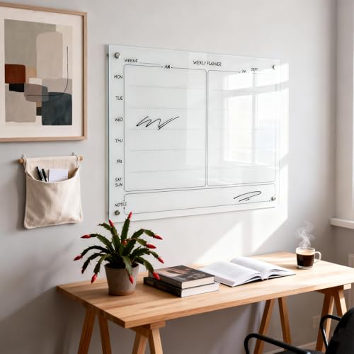 Glass Whiteboard 24"X36" Weekly Calendar Writeboard Magnetic Planner WritingBoard Dry Erase Board Frameless White Board for Office School Home Tray