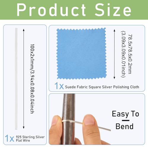 0.3 ft 925 Sterling Silver Flat Bezel Strip Wire 2mm Soft Metal Stamping Wire with 1pc Cleaning Cloth for Stone Cabochon Rings Bangles Jewelry Making Findings