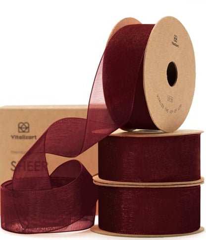 Burgundy Organza Ribbon 1" x 30 Yd Sheer Gift Wrapping Ribbon (3 Count)