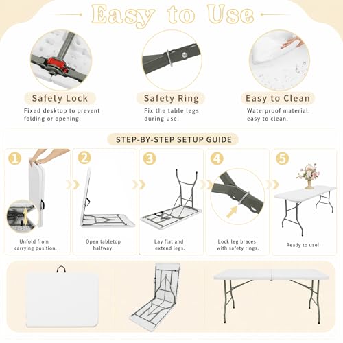 Folding Table 8 FT Camping Table Portable White Heavy Duty Plastic Rectangular Outdoor Dining Table Steel Legs Fold
