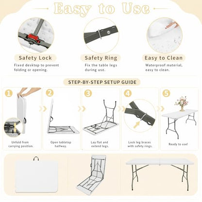 Folding Table 5 FT Camping Table Portable Heavy Duty Plastic Rectangular Outdoor Dining Table Steel Legs Fold