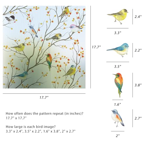 Reeded Glass Window Film Seamless Pattern Colored Birds 17.7" x 78.7"