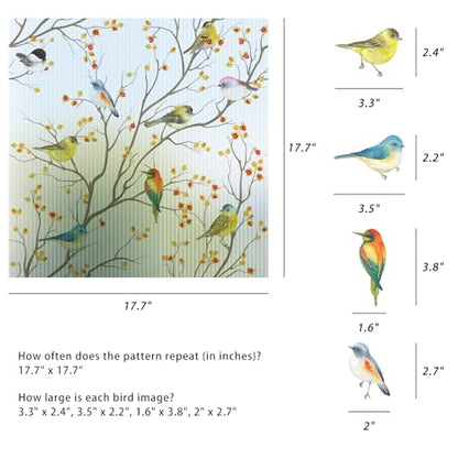 Reeded Glass Window Film Seamless Pattern Colored Birds 17.7" x 78.7"