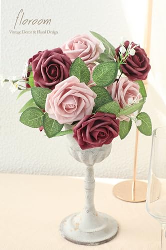 Artificial Flowers 25pcs Real Looking Cinnamon Rose & Shabby Pink Foam Fake Roses with Stems for DIY Wedding Bouquets Bridal Shower Centerpieces Floral Arrangements Party Tables Decorations (25 Count)