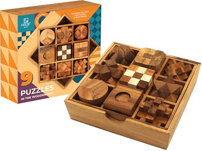 9 in 1 Wooden Brain Teaser Puzzles for Adults Teens Box Set Wood Hard Level 10 Impossible Mind Wood Brain Teaser Games 3D Hand Puzzle Sets for Decoration and Mini Toys (9 Count)