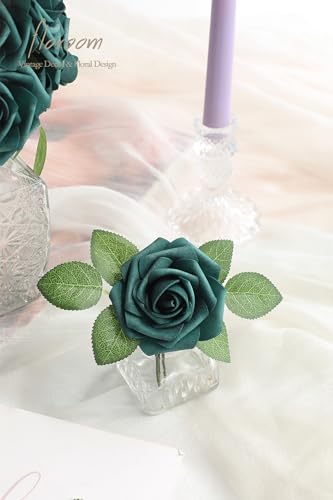 Artificial Flowers 25pcs Real Looking Peacock Green Foam Fake Roses with Stems for DIY Wedding Bouquets Bridal Shower Centerpieces Floral Arrangements Party Tables Home Decorations (25 Count)