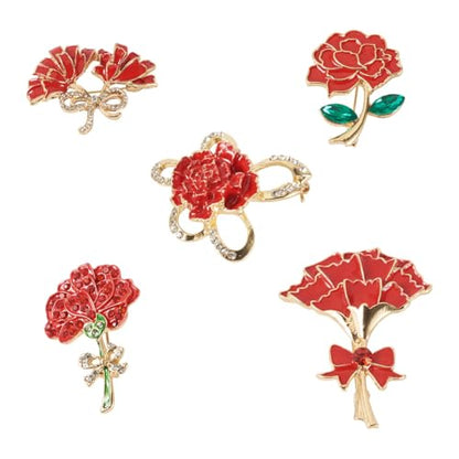Beadthoven 5Pcs Red Flower Brooches Rose Flower Enamel Pins 3D Floral Alloy Crystal Rhinestone Brooch Metal Lapel Badge Pins for Valentine's Day Holiday Halloween Birthday Jewelry (5 Count)